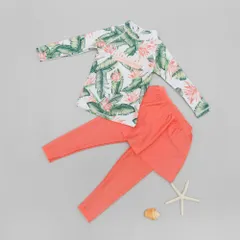 ☆ オレンジ×リーフ ☆ XXL ☆ キッズ長袖水着セット namizugik5000 水着 女の子 セパレート 上下セット 上下 2点セット ラッシュガード 長袖 スカッツ キッズ 子供 子供水着 かわいい 可愛い 日焼け防止 女の子水着 ジュニア