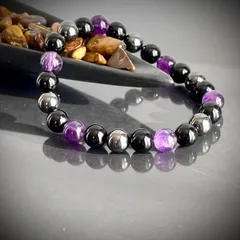 ◇ L-289 天然石ブレスレット　ラベンダーアメジスト　ヘマタイト　ブラックオニキス　8mm  17cm  パワーストーン　磁気　健康　お守り　開運