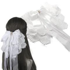 ヘア バレッタ ビッグ リボン レース 付き ロリータ お嬢様 姫系 フリフリ 上品 ヘアアクセ 白 [ホワイト] [レース付き]