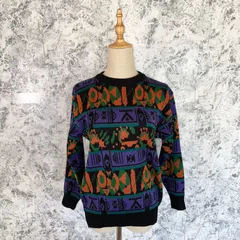 美品　VINTAGE　ヴィンテージ　ビンテージ　CORROSE　ニット　セーター　丸襟　長袖　薄手　総柄　韓国　派手　春　秋　冬【size F】　パープル　紫　オレンジ　橙　ブラック　黒　グリーン　緑