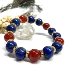 ラピスラズリ&赤瑪瑙 パワーストーン ブレスレット 天然石ブレス (ゴールド) 12mm メンズ　レディース 男性  女性 9月・12月誕生石 幸運 金運 厄払い 数珠 [j]