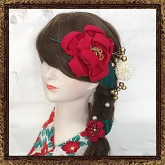 髪飾り　成人式　結婚式　和婚　振袖　赤　花　つまみ細工　美し椿のお蝶夫人飾り