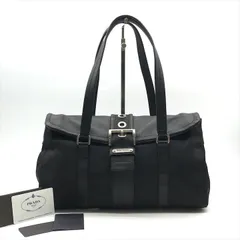 美品 PRADA プラダ 三角ロゴ プレート ナイロン テスート レザー ベルト トート ワンショルダー バッグ ブラック レディース a6772