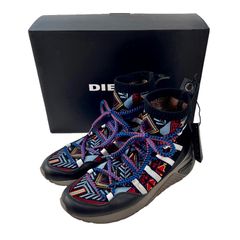 DIESEL ディーゼル マルチカラー ネイティブ オルテガ エスニック 民族柄 テキスタイル ニット レザー 切り替え ハイカット スニーカー カラフル シャープ デザイン イタリア プレミアム カジュアル ユーロ デニム ブランド 42 / 27.0cm