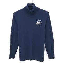 【美品】アディダス タートルネックセーター ネイビー×白 袖ケーブル編み ニット ウール混  レディース L/G ゴルフウェア adidas