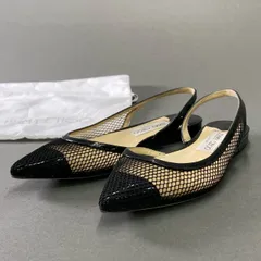 2f23 JIMMY CHOO ジミーチュウ メッシュ エナメルフラットシューズ 34 1/2 ブラック パテントレザー パンプス イタリア製 保存袋有