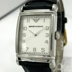 【クリーニング済】エンポリオ・アルマーニ 腕時計 AR-0231 メンズ ユニセックス クオーツ シルバー レクタンギュラー 白文字盤 黒革ベルト クラシック エレガント アナログ 5気圧防水 ステンレス 美品 EMPORIO ARMANI G6