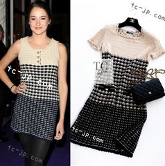 41万 シャネル ワンピース CHANEL ベージュ ネイビー ミックス 半袖 ニット 女優着 超美品 34