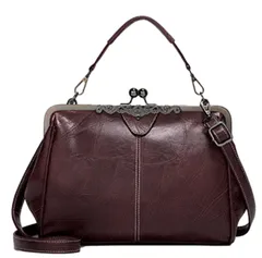 ハンド バック ショルダー 2WAY レディース レザー 調 レトロ バッグ カバン がま口 4カラー ブラック 黒 茶 色 ポーチ ポシェット 肩掛け 革 おしゃれ オシャレ かわいい カワイイ ガマ 口 ショルダー ピンク ブルー グリ [ダークブラウン]