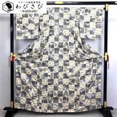 小紋 市松模様の中に花柄 風景 金彩 トールサイズ しつけ糸 K-2777