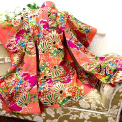 色無地 袷 広衿 寿光織 羽織付き 桃色 流水に花地紋 正絹 一つ紋 桔梗