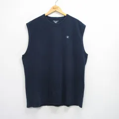 XL/古着 チャンピオン champion ノースリーブ Tシャツ メンズ ワンポイントロゴ 大きいサイズ ロング丈 コットン クルーネック 紺 ネイビー