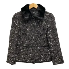 ランバン LANVIN ジャケット ツイードジャケット ファー パイピング ウール混 長袖 36 黒 ブラック 白 ホワイトのサムネイル