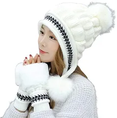 FUPUONE 帽子 レディース 冬 ニット帽 手袋 防寒 帽子と手袋のセット 4カラー( ホワイト,  フリー)