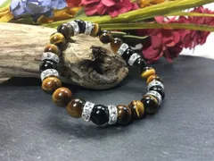 パワーストーン ブレスレット タイガーアイ&オニキス 天然石 (シルバー) 8mm レディース  ●