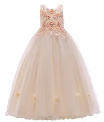 150_ベージュ [AOIF LLMY] 子供ドレス ロングドレス 女の子 ジュニア ピアノ 発表会 パーディー 演奏会 フォーマル 入園式 結婚式 ワンピース【120/130/140/150/160/170】 20343