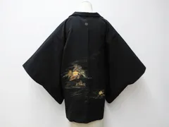 【一輝堂】【着物】黒羽織　一つ紋　絵羽柄　庭園文　羽織り紐付き　身丈約77cm　裄丈約63cm　25z01-201
