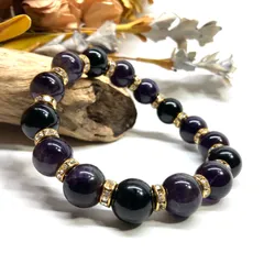 アメジスト&オニキス パワーストーン ブレスレット ブレス  12mm (ゴールド) 2月誕生石 メンズ・レディース 男性・女性  数珠 アメシスト 紫 恋愛運  □