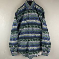 USA製 90s 00s nautica bear printed L/S BD Shirt Green ノーティカ ボタンダウンシャツ 長袖シャツ ボーダー 総柄 くま クマ 熊 ヴィンテージ