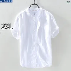 [2XL]メンズ 男性用 ファッション オシャレ シンプル 大人 かっこいい ストリート ヒップホップ HipHop ライト ブルー リネンノー カラー シャツ 半袖 トップス スタンドカラー シャツ 夏 薄手 コットンリネン ホワイト シャツ