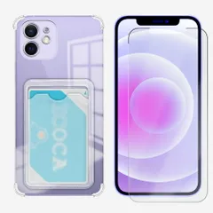 iPhone 12 対応 ケース 【四隅TPU ソフト背面カード収納ケース 1個+ブルーライトカットソフトフィルムセット 1枚】 カード収納付き TPU透明 四隅エアクッション構造 衝撃吸収 落下すり傷防止 ワイヤレス充電対応 薄型 カバー