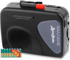 《おでかけセット》ByronStatics ポータブルカセットプレイヤー 日本語説明書 & 単３乾電池８本 レコーダー FM AM ラジオ ウォークマン テーププレーヤー 内蔵マイク 外部スピーカー USB電源コード イヤホン付属 (ブラック) [ブラック]