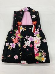 舞妓風リメイク着物ピンク色の花々が描かれた黒地の七五三用 結び帯の