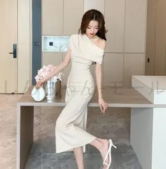 【新品・未使用】オフショルダーロングタイトドレス 結婚式 パーティー ドレープ美しい