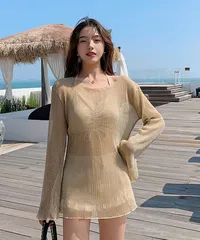 【タグ付新品未使用】[seu23swim008ベージュ]  シースルートップス付き3点セット水着 ビーチウェア スイムウェア プール 日焼け対策 韓国ファッション SEU