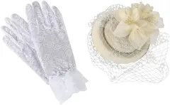 ティアニーズ Tierneys ヘッドドレス レースグローブ セット ウェディングハット トーク帽 北欧 チュール付き パーティ イベント 冠婚葬祭(白,  52.0 cm)