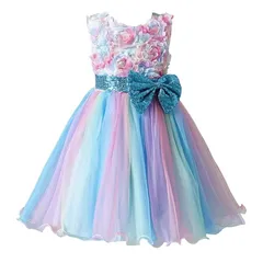 【新品】 [Ｋａｙｉｙａｓｕ] ドレス 子供 ピアノ 発表会 入園式 女の子 虹色 スパンコール蝶結び 花柄 丸ネック フォーマル 卒業式 ガールズ 誕生日 3-13歳(150 虹色(ブルー蝶結び)) 0