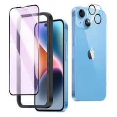 【迅速発送】対応 iPhone 15 Plus 用 フィルム/ iPhone 14 Plus 用 フィルム，ブルーライトカット 旭硝子 非光沢 ガイド枠付き iPhone 15 Plus 用 ガラスフィルム【1枚+1枚】レンズ保護フィルム付 フルカバー さらさ