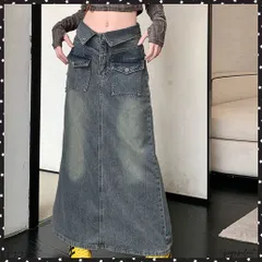 デニムマキシスカート バックスリット入り レディースロングスカート ウエスト折り返し Aライン レトロデニムスカート 美脚脚長春夏秋冬 ヴィンテージウォッシュ加工 カジュアルスカート 体型カバー 着やせ ブリーチデニム大人