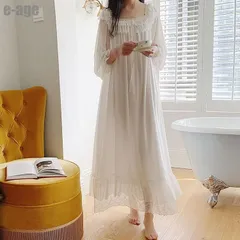 レディース 白い 姫系 長袖 パジャマ 綿 レース チュール ワンピース ネグリジェ 寝巻き パジャマ ロマンティック 女性用 部屋着 ナイトウェア