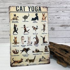 【ヴィンテージ風】猫ヨガ!? アルミ製メタルサインプレート／ガレージ・カフェ・庭・寝室に｜レトロデザイン 壁掛け装飾 看板