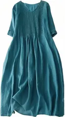 Ｍｉｎｅｓａｍ 綿麻風 ワンピース レディース プリーツワンピース 半袖 森ガール 透け感 可愛い 春夏 01 ブルー( 01 ブルー,  2XL)