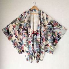 Japanese Vintage Haori Floral Pattern Silk Kimono Gown Old-ⅽloth 長羽織 羽織 正絹 手描き草花文 金彩 古布 時代布 一点物 大正浪漫 和洋折衷