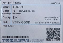 ★最安値保証★✨ 1.007ct,G,SI-1,VeryGoodダイヤモンド　ルース（裸石）【中央宝石研究所ソーティング】