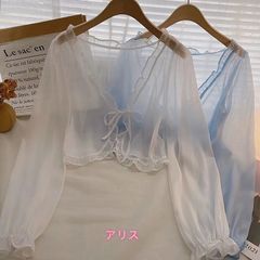 夏用シフォンカーディガン ショート丈 日焼け止め薄手羽織り フリル付き リボン 前開きトップス レディース S～3XL
