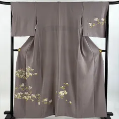 付下げ 身丈159.5cm 裄丈66cm M 袷 落款 枝花 ぼかし 灰紫 正絹 秀品 【中古】