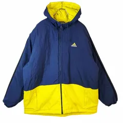 アディダスAdidas中綿入りナイロンジャケット袖ラインウィンドブレーカーフーディパーカー裏地キルティング両面ロゴ刺繍3本線スリーストライプ紺ネイビー黄色イエロースポーツアウトドアvintageヴィンテージ40810