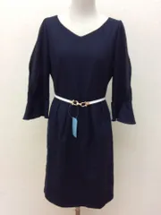 プロポーションボディドレッシング　濃紺のワンピース 袖シフォンコンビ 白ベルト付き 