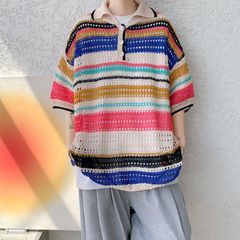 未使用 ポロシャツ 透かし編み ニット 横縞 メンズ 半袖 夏服 薄手 メッシュ ビッグサイズ オーバーサイズ ゆったり きれいめ カジュアル ナチュラル dansigeer03