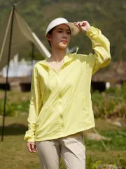 山系アウター  フード付きUVパーカー ジャケット UVカット 日焼け止め 紫外線防止 男女兼用 アウトドア トップス クール感 手薄 軽量 通気性 長袖 春 夏 秋イエロー