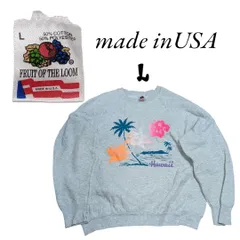 swy0107　90sUSA製古着フルーツオブザルームハワイプリントスウェットトレーナーLグレー