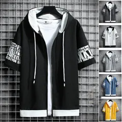 半袖パーカー パーカ ジップアップ 激安 パーカー メンズ 激安 トップス 切り替え 肌触り フード付き 半袖 文字 運動着#anyki25660