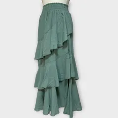 新品 3段フリルフレアスカート ロング マキシ丈 グリーン フレアスカート Sサイズ 無地 レディース 小柄 小さめ S22