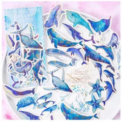 【全商品SALE中!!】Alideco 60枚 フレークシール かわいい 海の生き物 魚 コラージュ素材 ステッカー おしゃれ 海外 韓国 シール手帳 装飾 30 デザイン 各2個 (クジラ(huashengudaodejing))