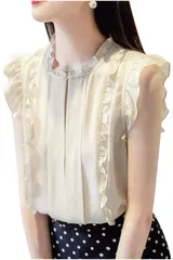 [ネコート] レディース ブラウス フリルブラウス カットソー オケージョン フリル袖 シアー シフォン ノースリーブ 半袖 春 オフホワイト L [オフホワイト] [L]