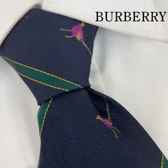 《美品》Burberry (バーバリー) シルクネクタイ 総柄 レジメンタルストライプ 鳥 ホースロゴ 紺 緑 ピンク 黄